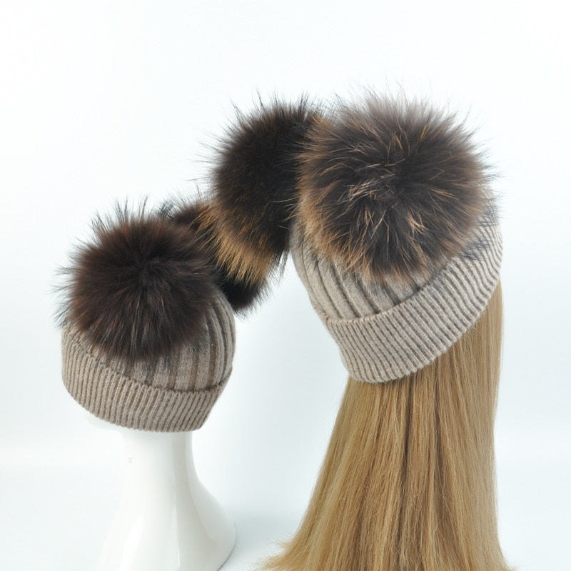 Real Fur Double Pom Pom Beanies Adult/Children (Multi-Colors)