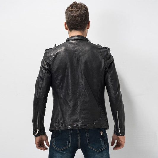 Genuine Leather Jacket Short Slim Moto