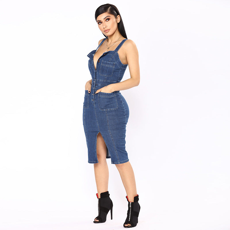 Denim Sleeveless Button Up Midi Dress