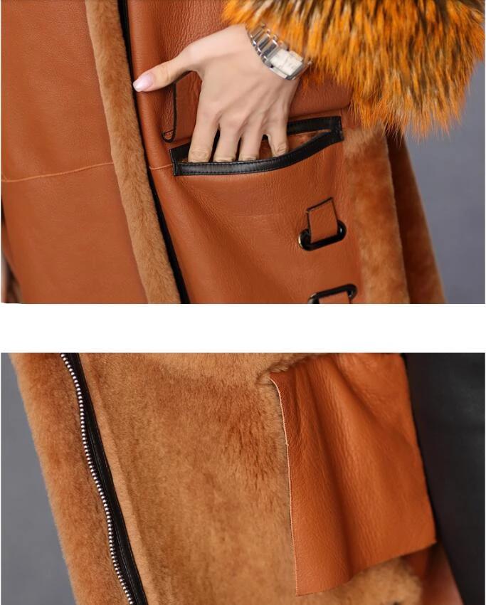 Genuine Leather Long Coats Shearing Fur Collar & Cuffs