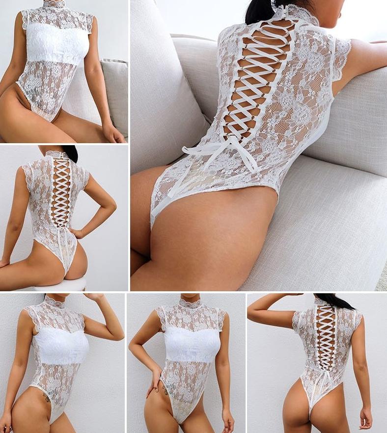 White Mesh See Through Lace Bodysuits