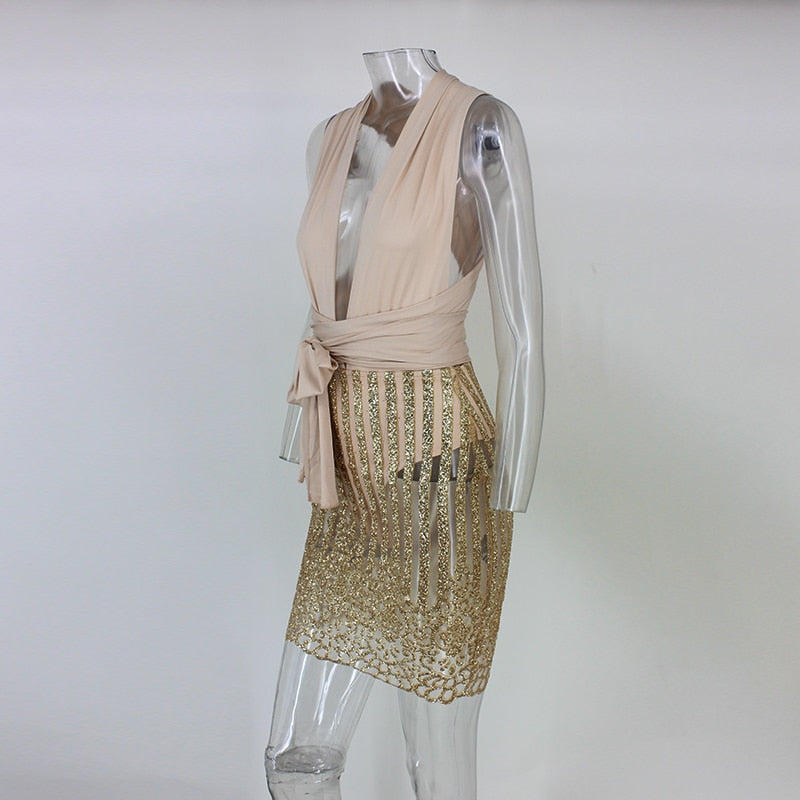 Strapless Backless Deep V Chic Sequin Bandage Dresses