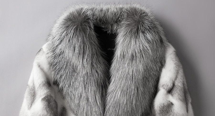 White Real Mink Fur with Real Fox Fur Thick Collar Coat