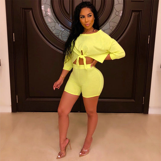 Loose Front Tie Crop Top and Biker Shorts