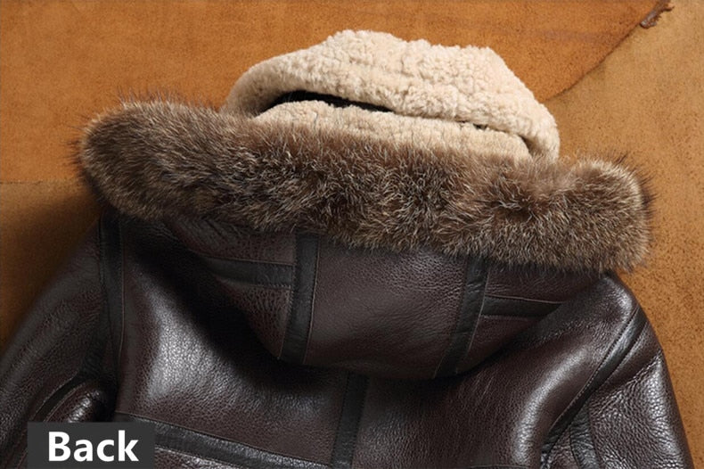 Genuine Leather Shearling Fur Lining Big Collar Detachable Hood Coats
