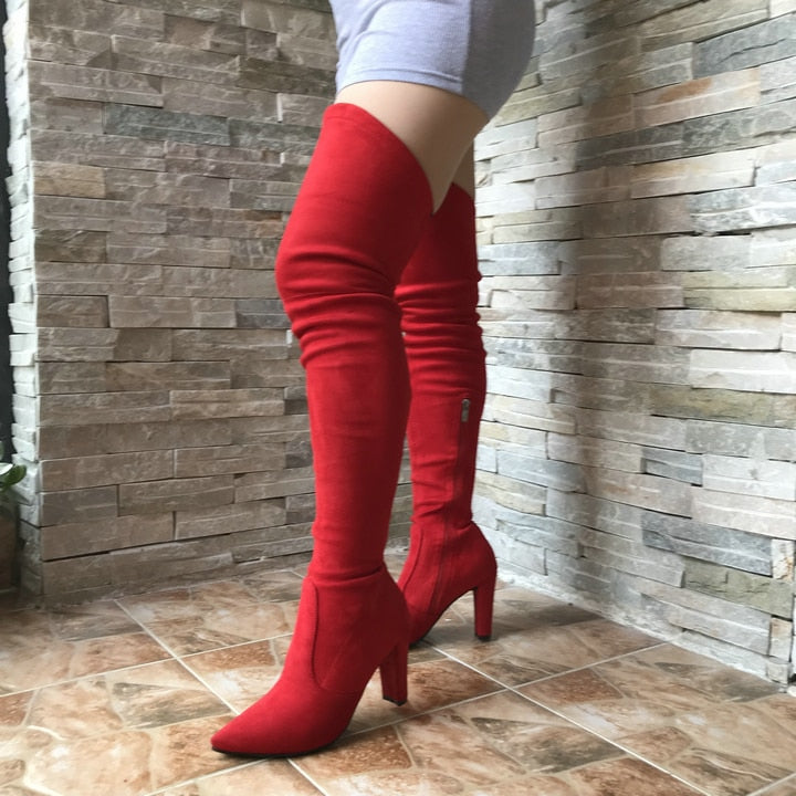 Suede Thigh High Stretch High Heel Boots (Multi-Colors)