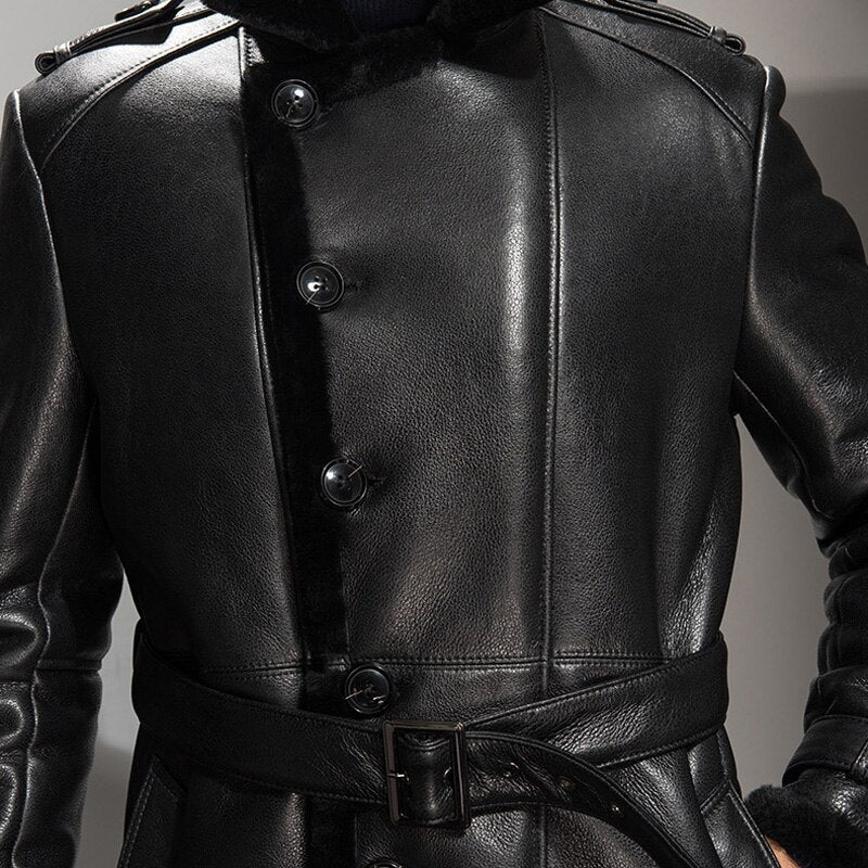 Black Genuine Leather Shearling Coat Long