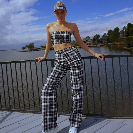 Plaid Side Stripe High Waist Wide Leg Pants