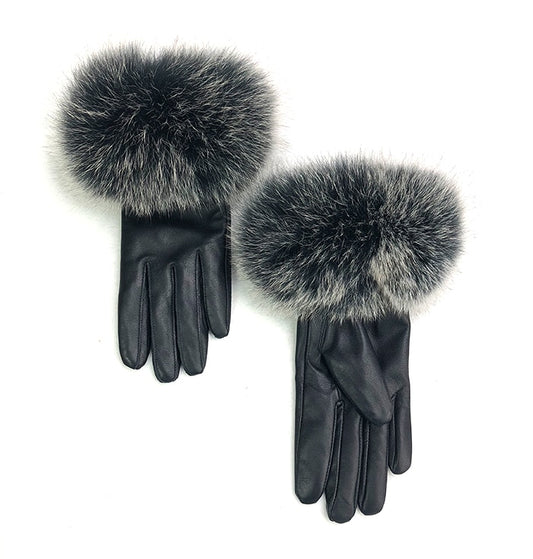 Genuine Leather Gloves Fur Cuffs Women