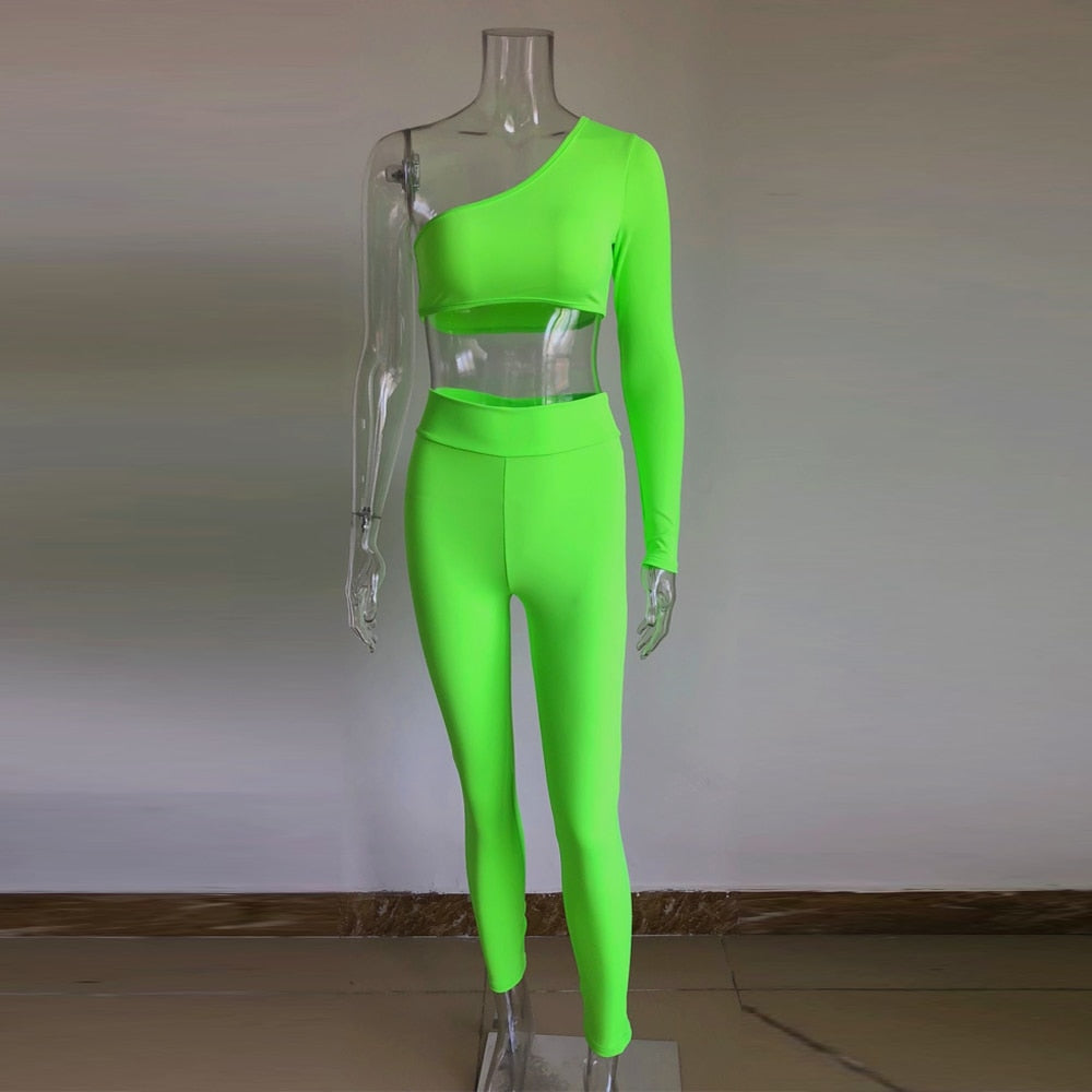 Neon Green/Orange One Shoulder One Sleeve Jumpsuits