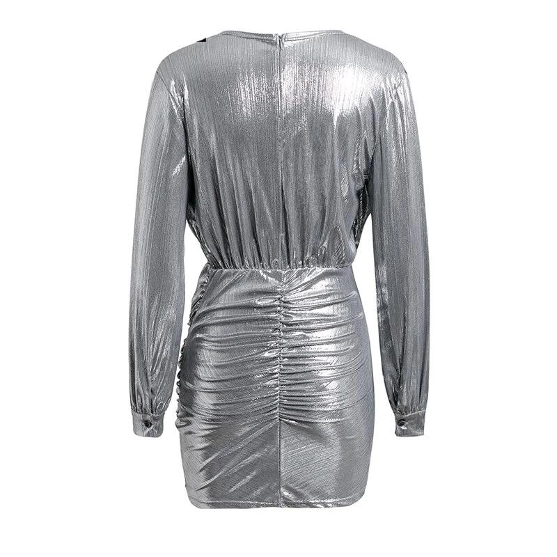Metallic Satin Long Sleeve deep V Mini Dresses