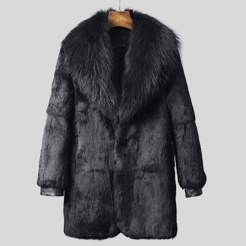 Black Med Natural Rex Rabbit Fur With Fox Fur Thick Collar