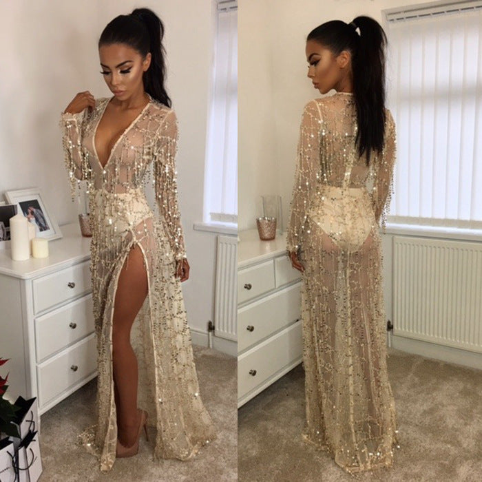 Mesh Sequin 3D Tassel Deep V Gold Maxi Dress