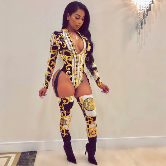 Print Long Sleeve Bodysuit Thigh Buckle Hollow Jumpsuits