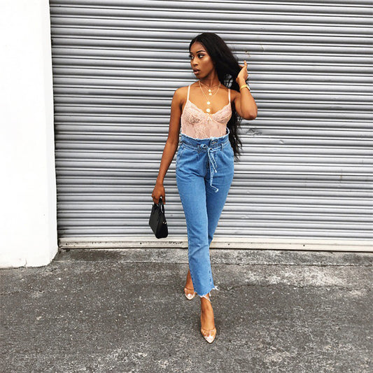 Tassel High Waist Belt Tie Jeans
