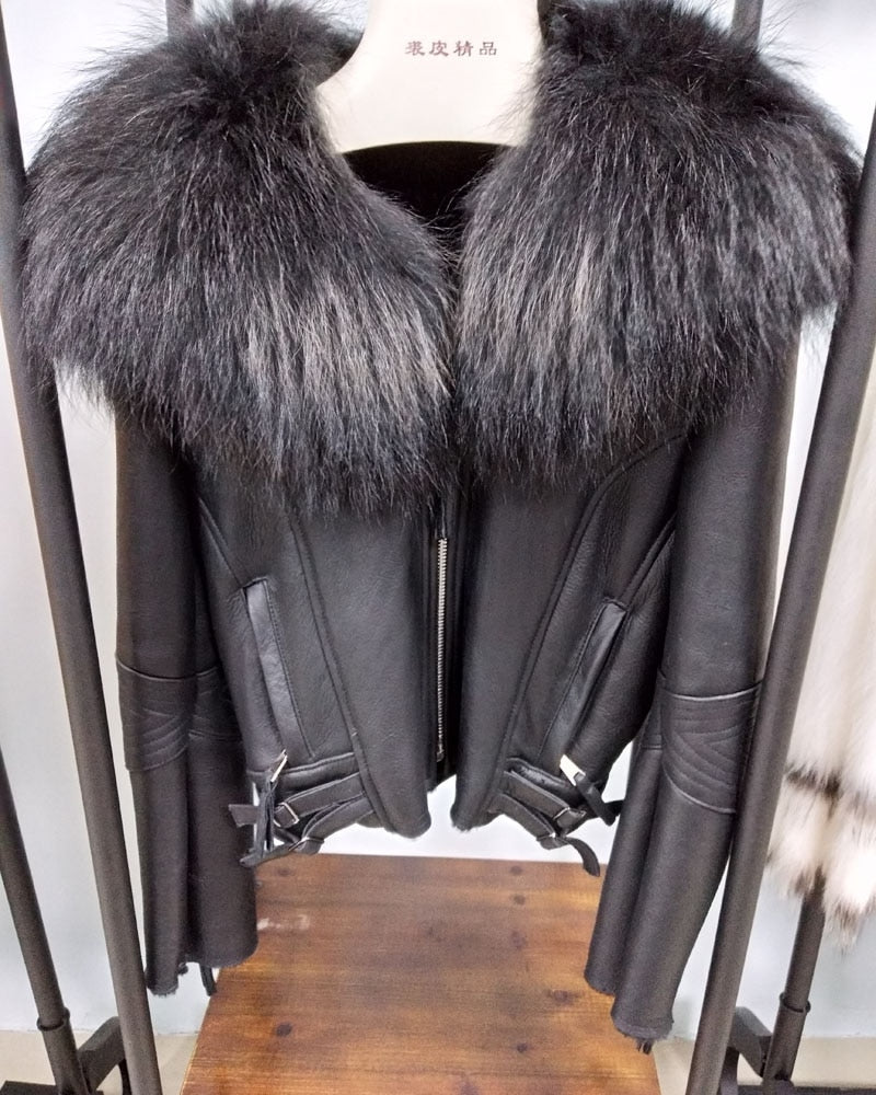 Genuine Leather Moto Jackets Big Fur Collar Wool Liner