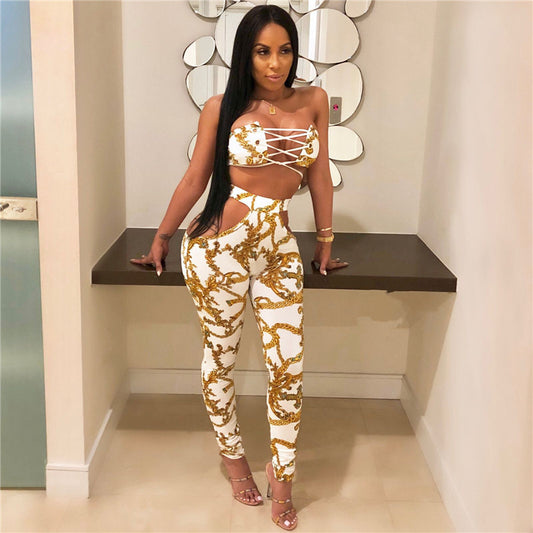 Print Strapless Side Hollow Out Jumpsuits