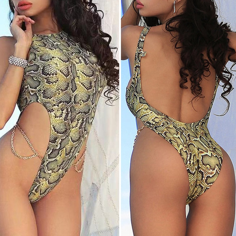 Snake Print High Cut Chain Bodysuits