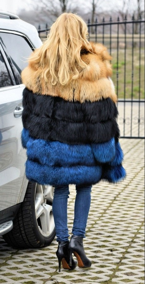 Thick Gold Black Blue Real Fox Fur Coat