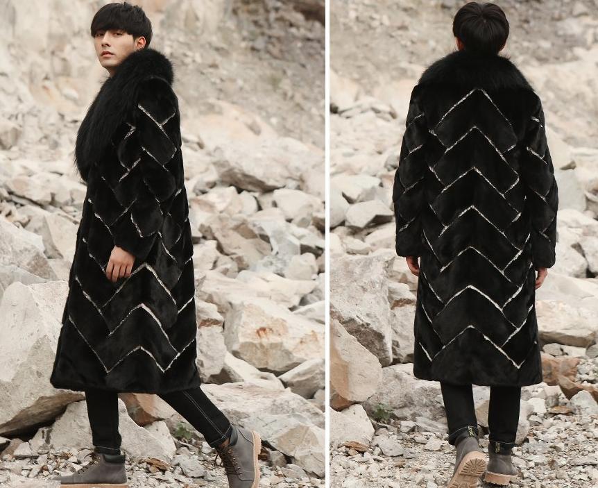 Real Mink Fur Inlaid Snake Print Overcoat with Thick Fox Fur Collar