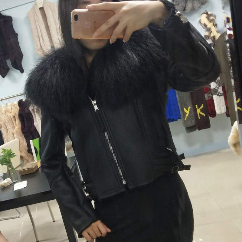 Genuine Leather Moto Jackets Big Fur Collar Wool Liner