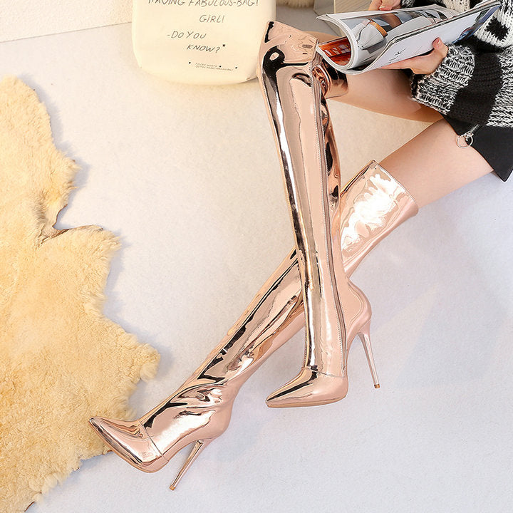 Gold Silver Metallic Over the Knee High Heel Boots
