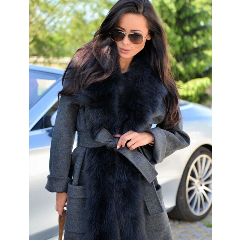 Grey Cashmere Real Fox Fur Collar Long Coat