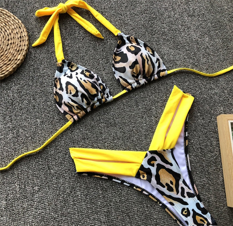 Print Halter Double Strap High Waist Bikini Sets