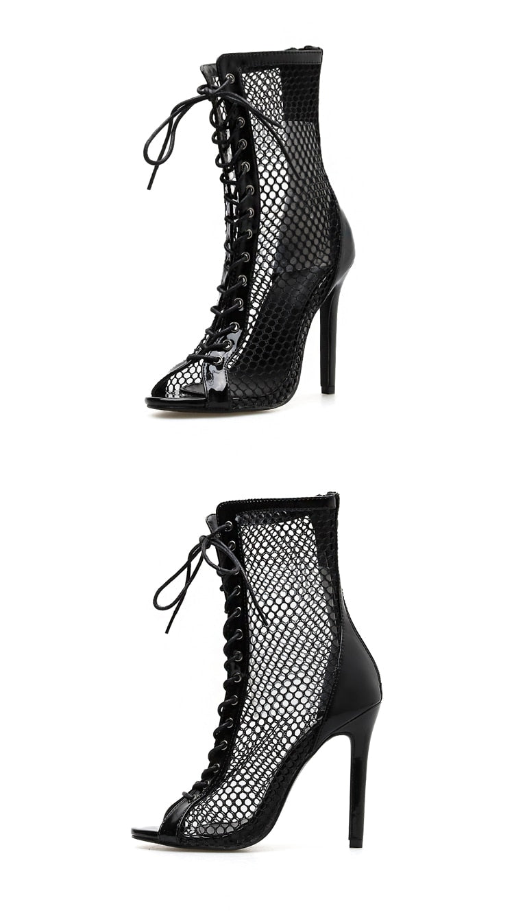 Peep Toe Net Lace Up Above Ankle High Heel Boots