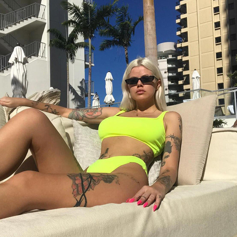 Neon Crop Tank Top High Waist Bikini Sets