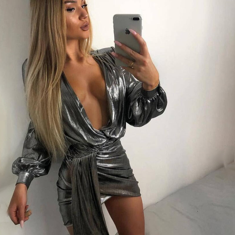 Shine Deep V Wrap Bandage Bodycon Mini Dresses