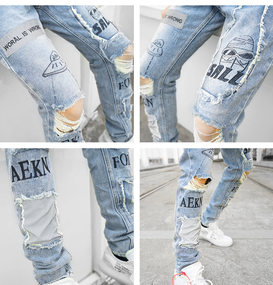 Reflective Skinny Ripped Distressed Jeans