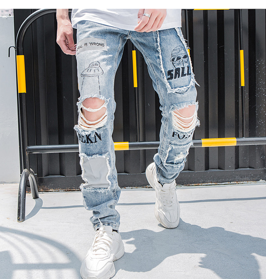 Reflective Skinny Ripped Distressed Jeans