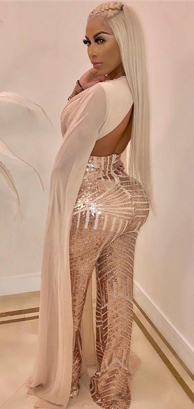 Extended Sleeve Sequin Deep V Wide Leg Sparkly Jumpsuits