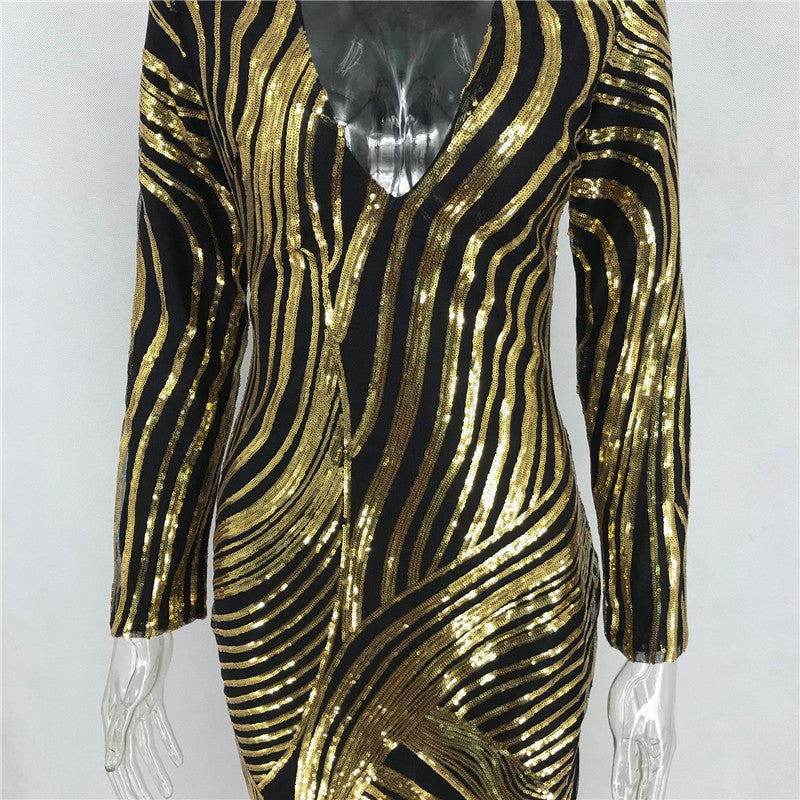 Gold Sequin V Neck Long Sleeve Bodycon Midi Dress