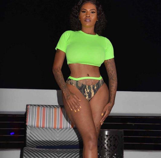 Neon Green Camo High Waist Bikini Sets