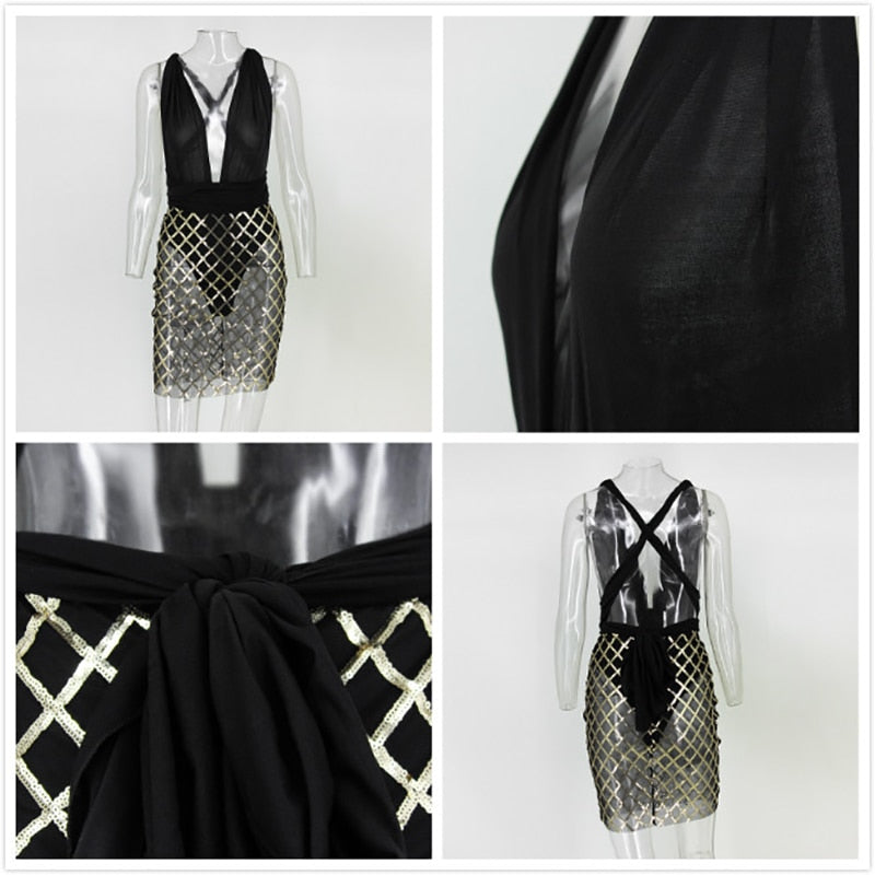 Deep V Neck Cross Sequin Mesh Dresses (Black/Khaki)
