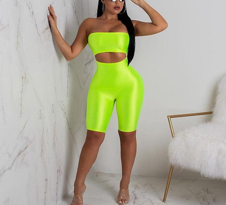 Neon Off Shoulder Hollow Belly One Piece Rompers