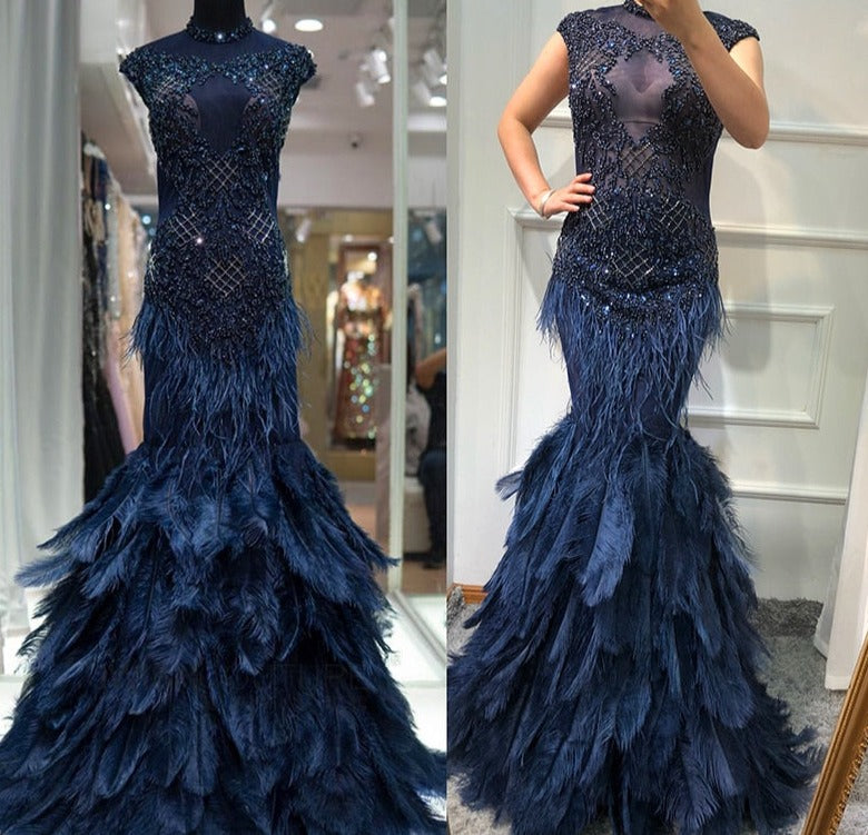 Diamond Sleeveless Mermaid Feathers Evening Gowns