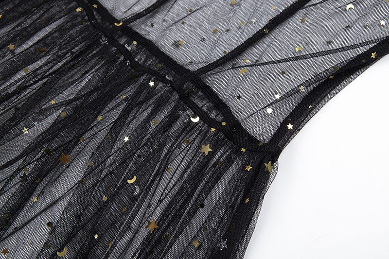Star Black Mesh Transparent Sleeveless Maxi Dress