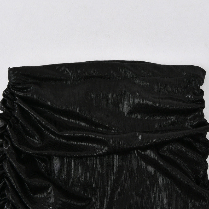 Metallic Pleated Side Split High Waist Skirt