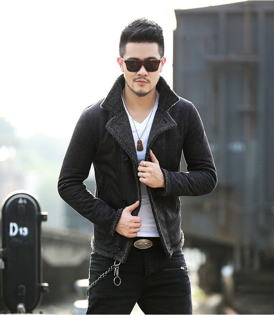 Slim Retro Faux Leather Faux Fur Jacket