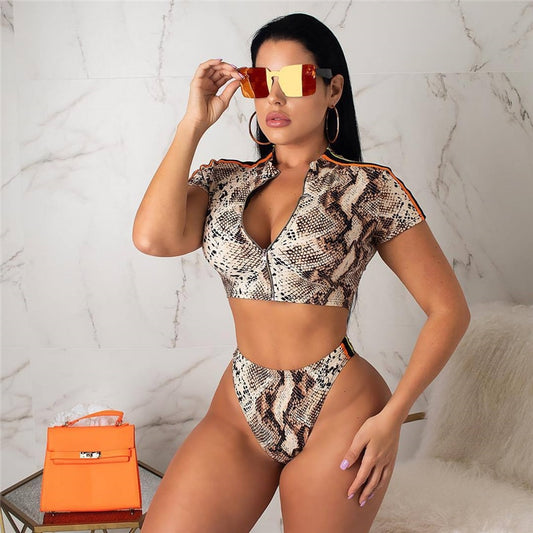 Snake Print Stripe Short Sleeve Zip Bikini Set