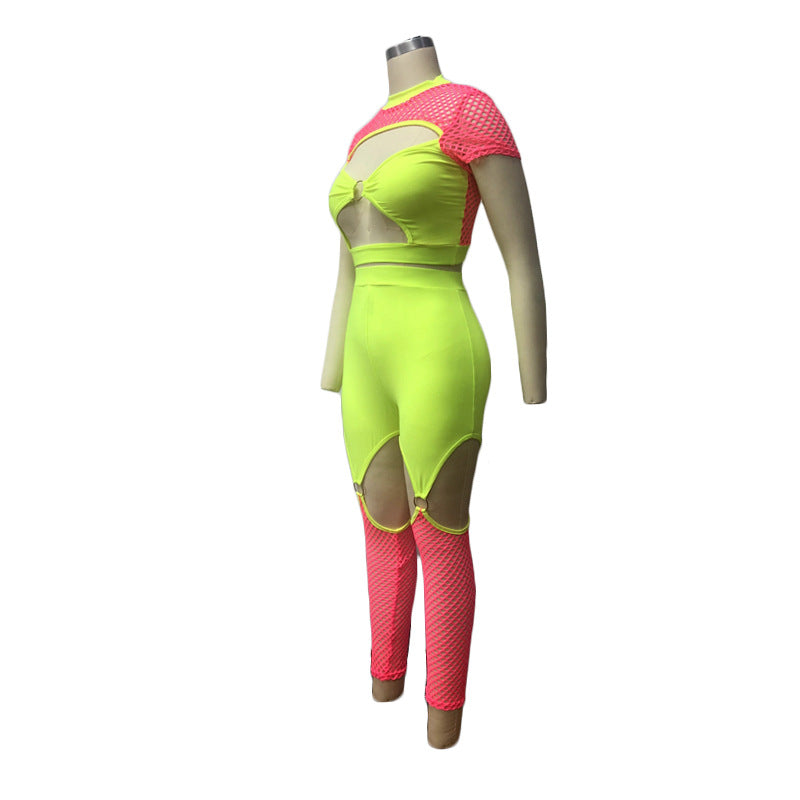 Neon Hollow Crop Top and Hollow Thigh Pant Jumpsuits