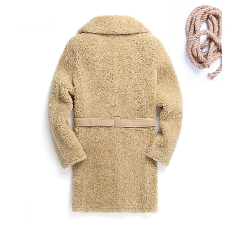 Khaki Genuine Leather Real Shearling Fur Lining/Belted Long Coats