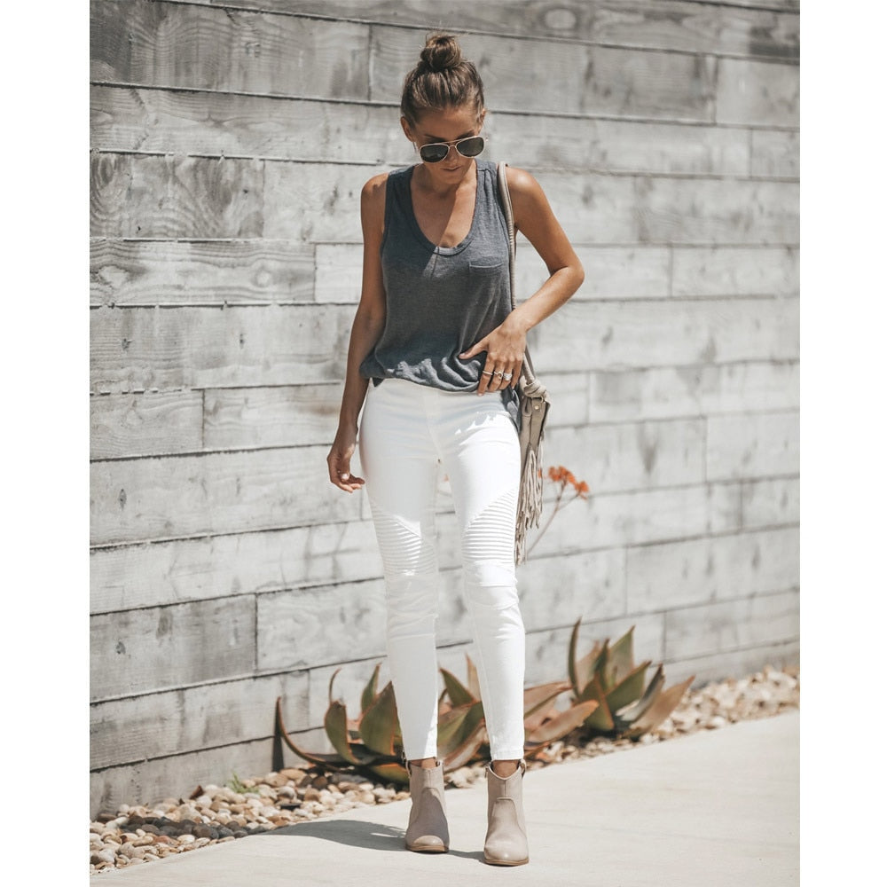 High Waist Pleated White Pencil Pants