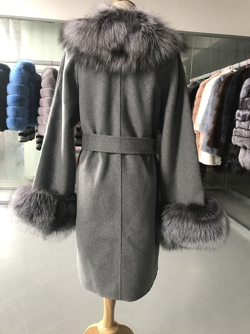 Natural Woolen With Thick Fox Fur Collar/Cuffs Coats