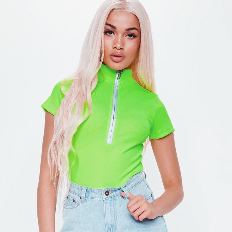 Neon Fluorescent Zipper Short Sleeve Bodysuit