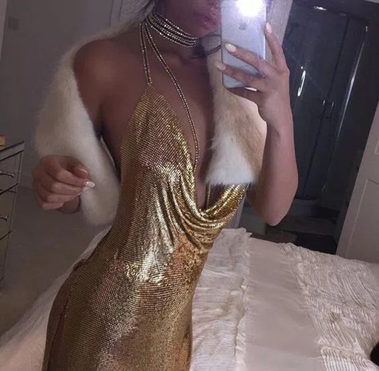Metallic Ice Deep V Neck Halter Backless Dresses