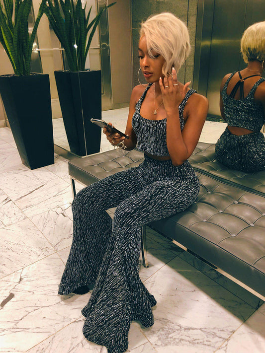 Sparkly Off Shoulder Ruffles Wide Leg Jumpsuits